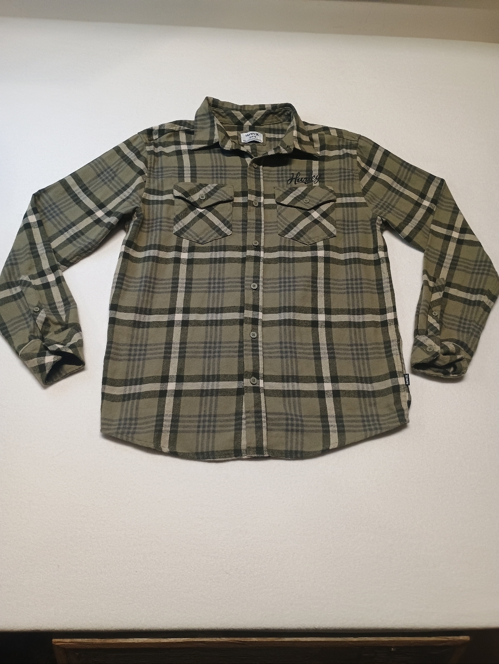 Hurley Mens Size Small Olive and Black Plaid Button-Up Shirt
